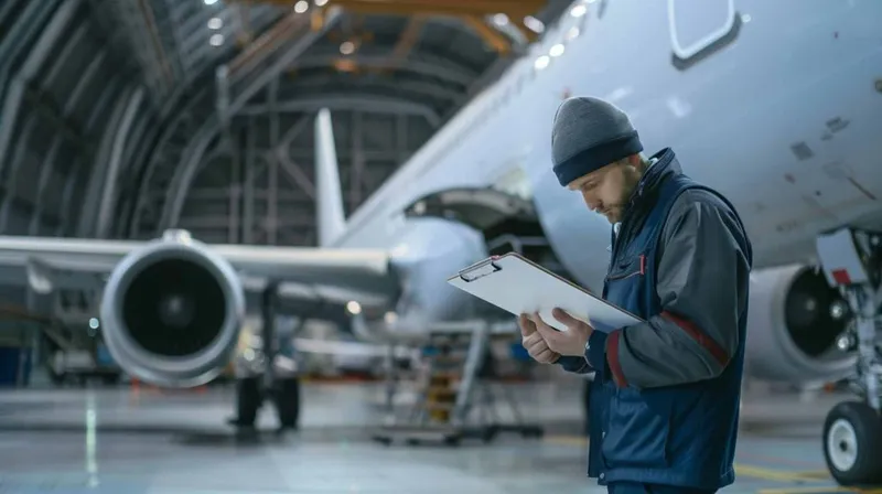 Aircraft Mechanic Uniform Inspecting With Clipboard Hangar Jet Engine X - Aviation Maintenance Technician study guide