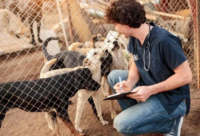 Male Vet Examining Dogs Shelter X - Animal Rescue Certification Online study guide