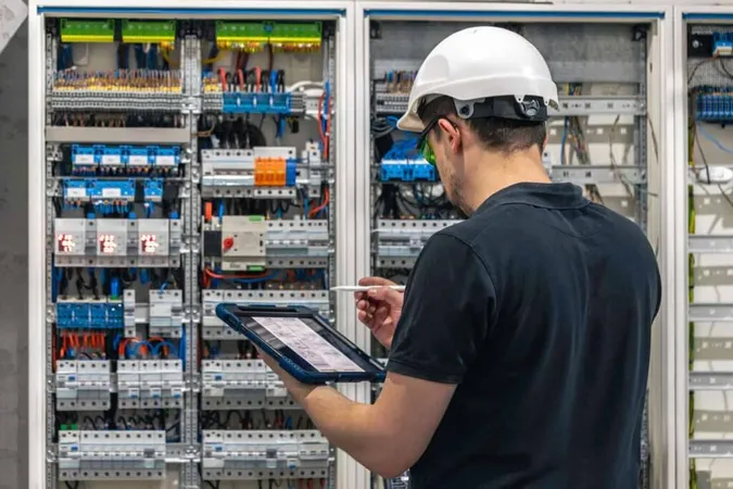 Man Electrical Working Switchboard With Fuses Uses Tablet X - Electro-Technical Officer study guide