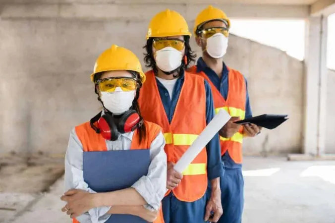 Colleagues With Safety Equipment Working With Blueprints X - Safety Assessment Federation Certification study guide